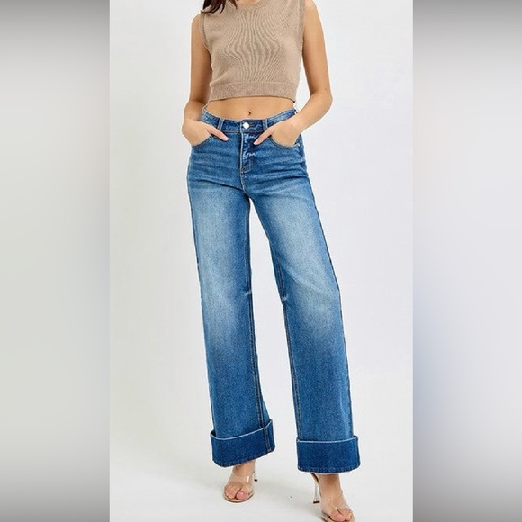 Risen Jeans Denim - Tummy Control High Rise Wide Cuffed Ankle Denim